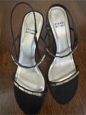Stuart Weitzman Black Sandal with Silver Footbed and Crystal Accent